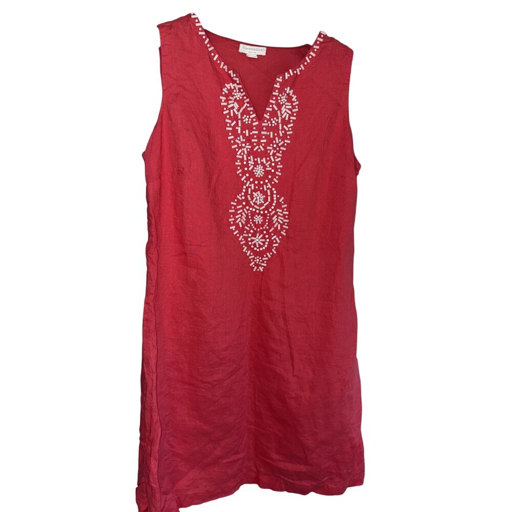 Charter Club Pink Linen Beaded Sleeveless Shirt Dress - Size 8 Petite